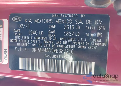 2021 Kia Rio S z USA, uszkodzony, nr VIN 3KPA24AD9ME387216
